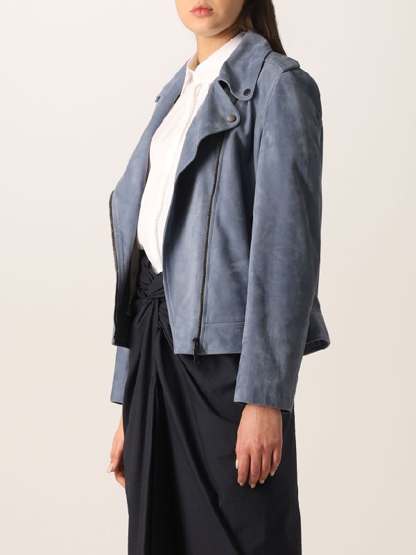 BRUNELLO CUCINELLI WOMEN'S DUSTY BLUE LEATHER BIKER JACKET
