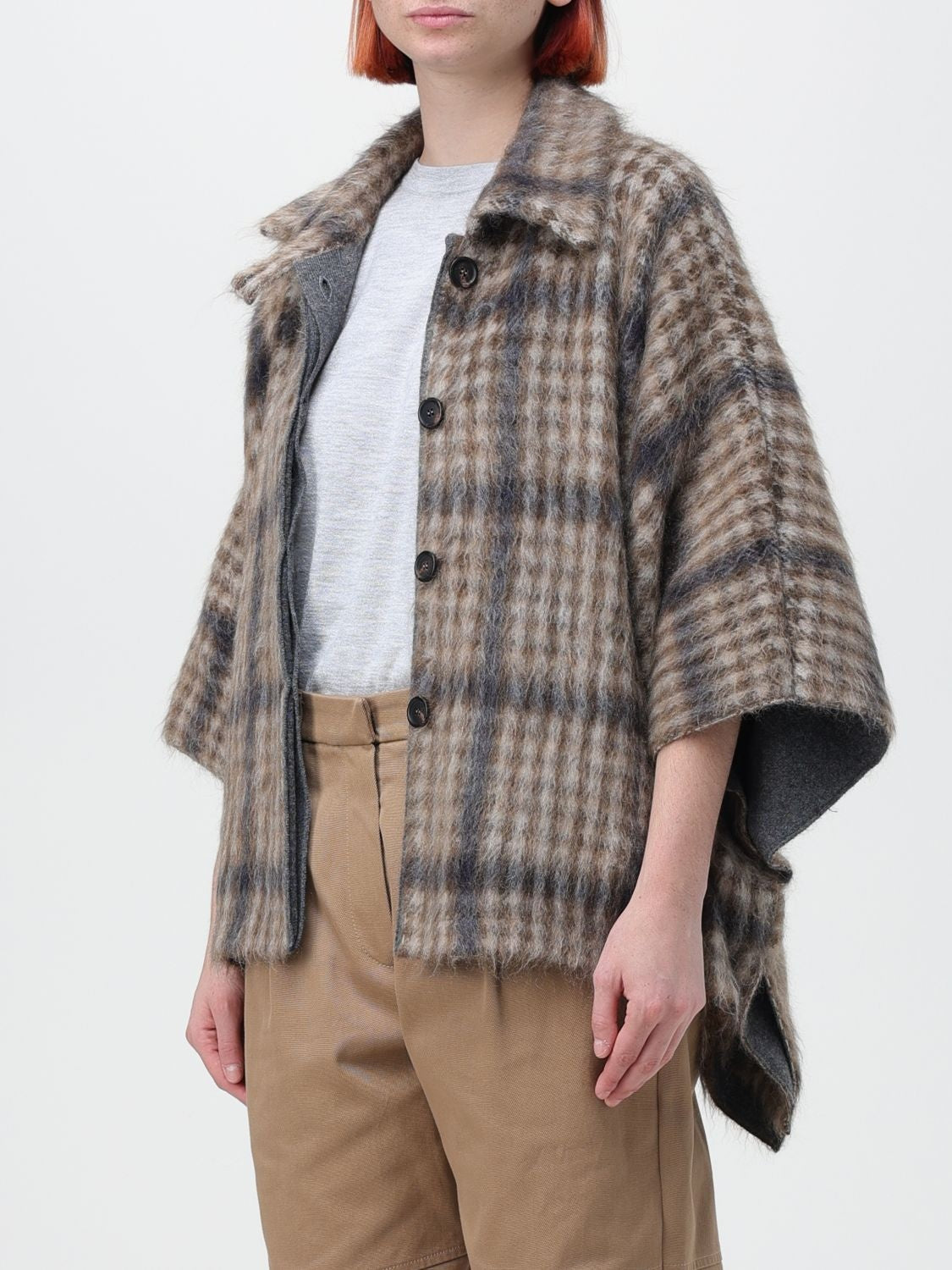 BRUNELLO CUCINELLI WOMEN'S PLAID WOOL-BLEND CAPE JACKET