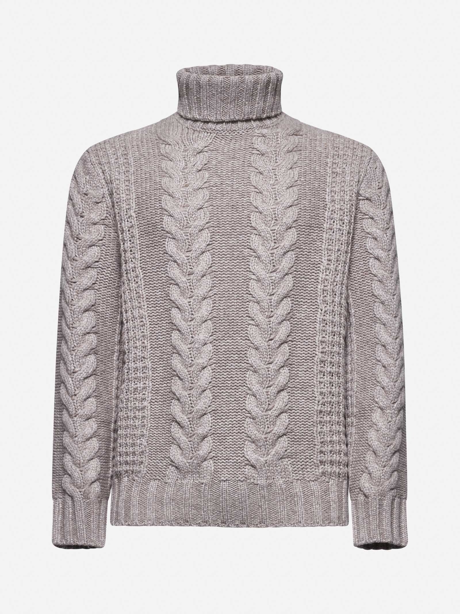 BRUNELLO CUCINELLI MEN'S TAUPE WOOL CABLE SWEATER