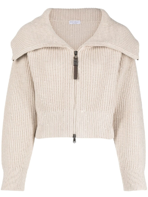 BRUNELLO CUCINELLI WOMEN'S BEIGE SILK WOOL ZIP SWEATER