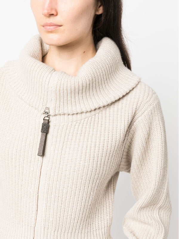 BRUNELLO CUCINELLI WOMEN'S BEIGE SILK WOOL ZIP SWEATER