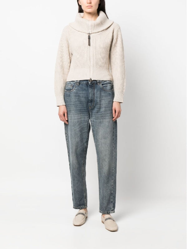 BRUNELLO CUCINELLI WOMEN'S BEIGE SILK WOOL ZIP SWEATER