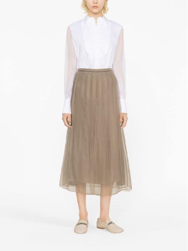 BRUNELLO CUCINELLI WOMEN'S WHITE SHEER SLEEVE BUTTON-UP SHIRT