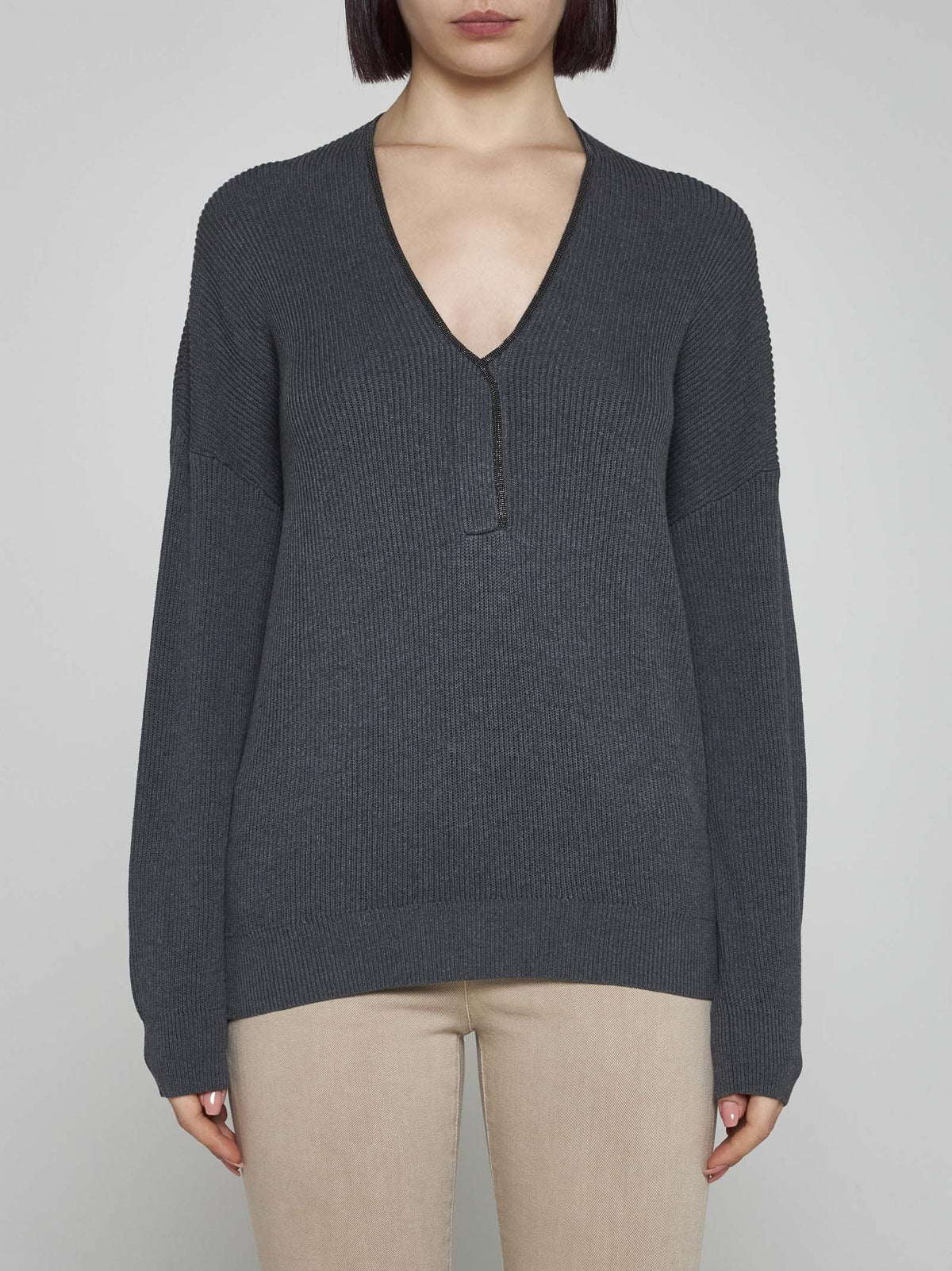 BRUNELLO CUCINELLI WOMEN'S LEAD RIBBED KNIT V NECK SWEATER