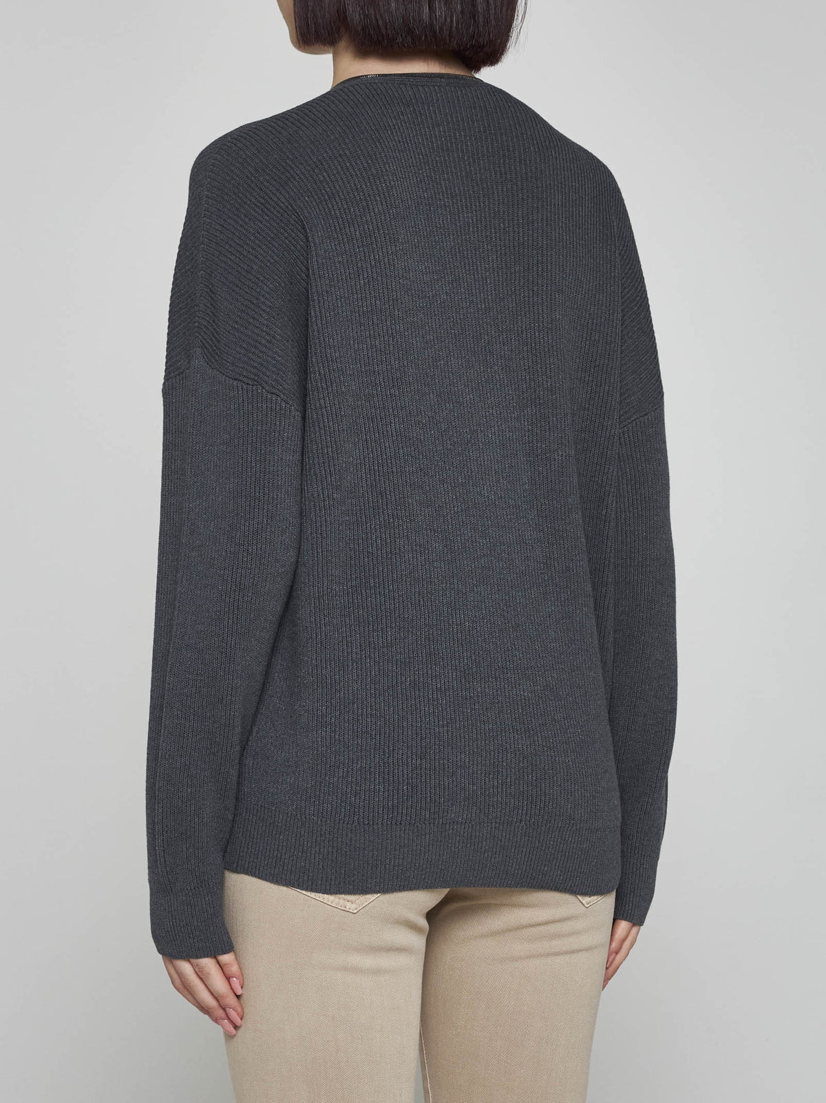 BRUNELLO CUCINELLI WOMEN'S LEAD RIBBED KNIT V NECK SWEATER