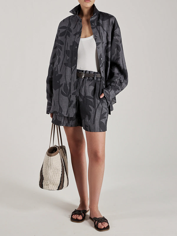 BRUNELLO CUCINELLI WOMEN'S GREY LINEN FLORAL SHIRT