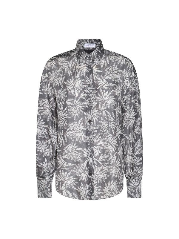 BRUNELLO CUCINELLI WOMEN'S COAL PRINTED SILK BUTTON FRONT SHIRT