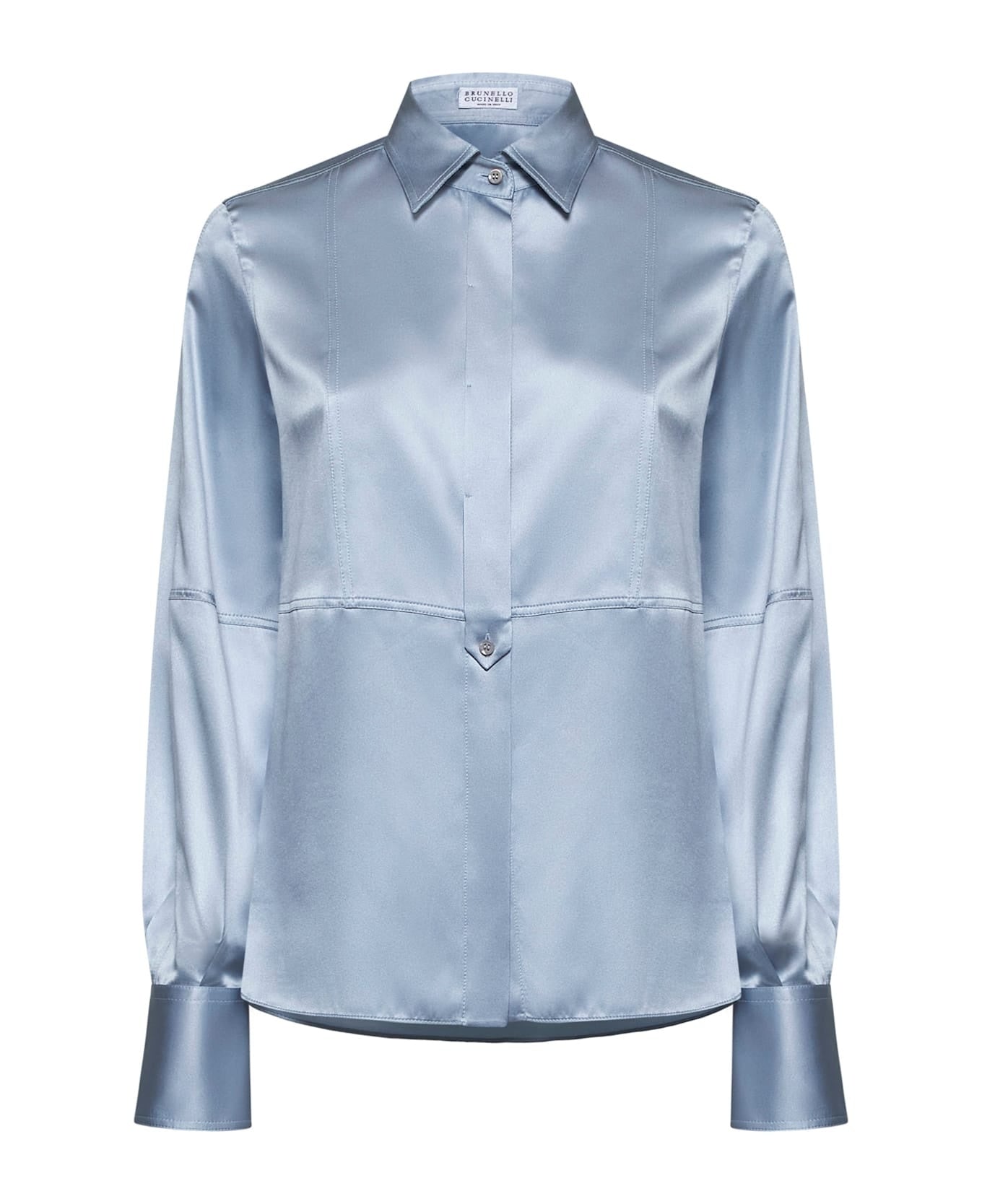 BRUNELLO CUCINELLI WOMEN'S LIGHT BLUE SATIN BUTTON-UP SHIRT