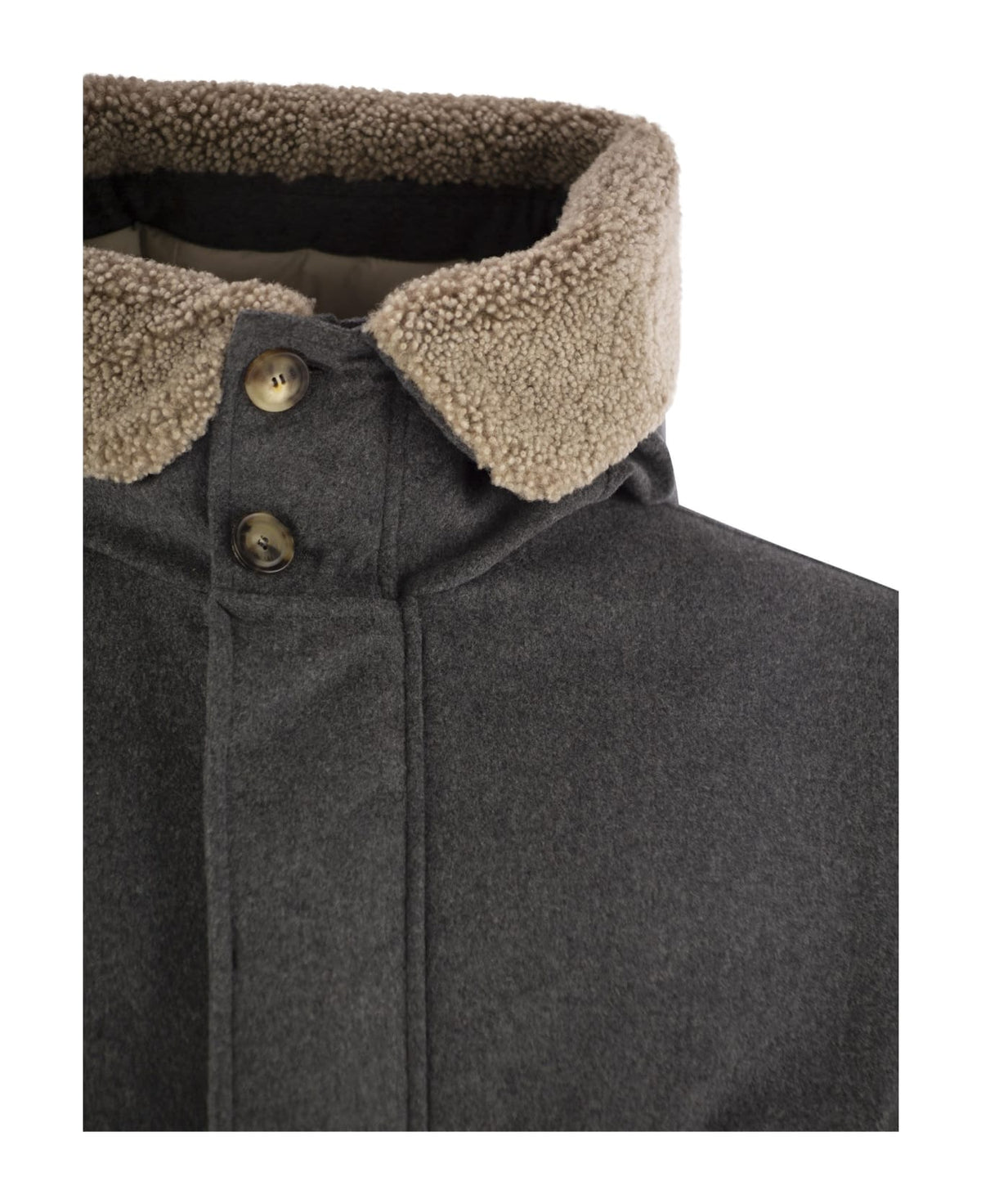 BRUNELLO CUCINELLI MEN'S GREY WOOL JACKET WITH SHEARLING COLLAR