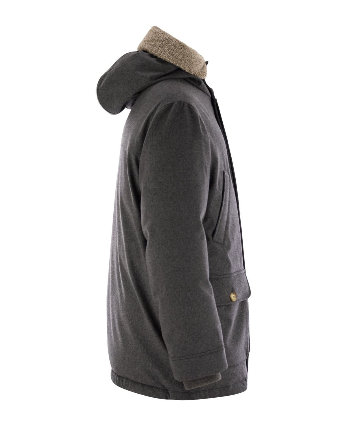 BRUNELLO CUCINELLI MEN'S GREY WOOL JACKET WITH SHEARLING COLLAR