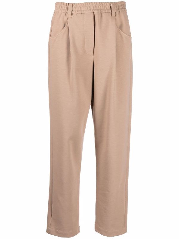 BRUNELLO CUCINELLI WOMEN'S ALMOND TAILORED COTTON TROUSERS