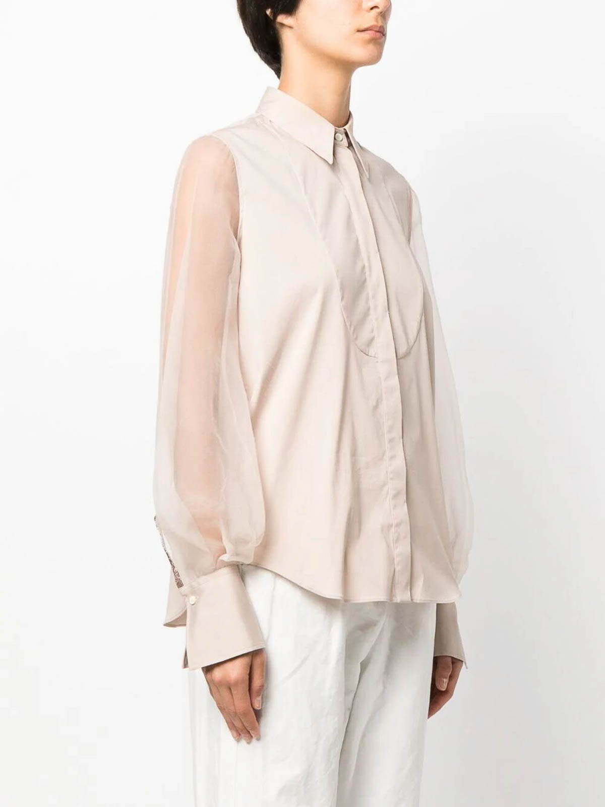 BRUNELLO CUCINELLI WOMEN'S SHEER SLEEVE PINK BEIGE BLOUSE