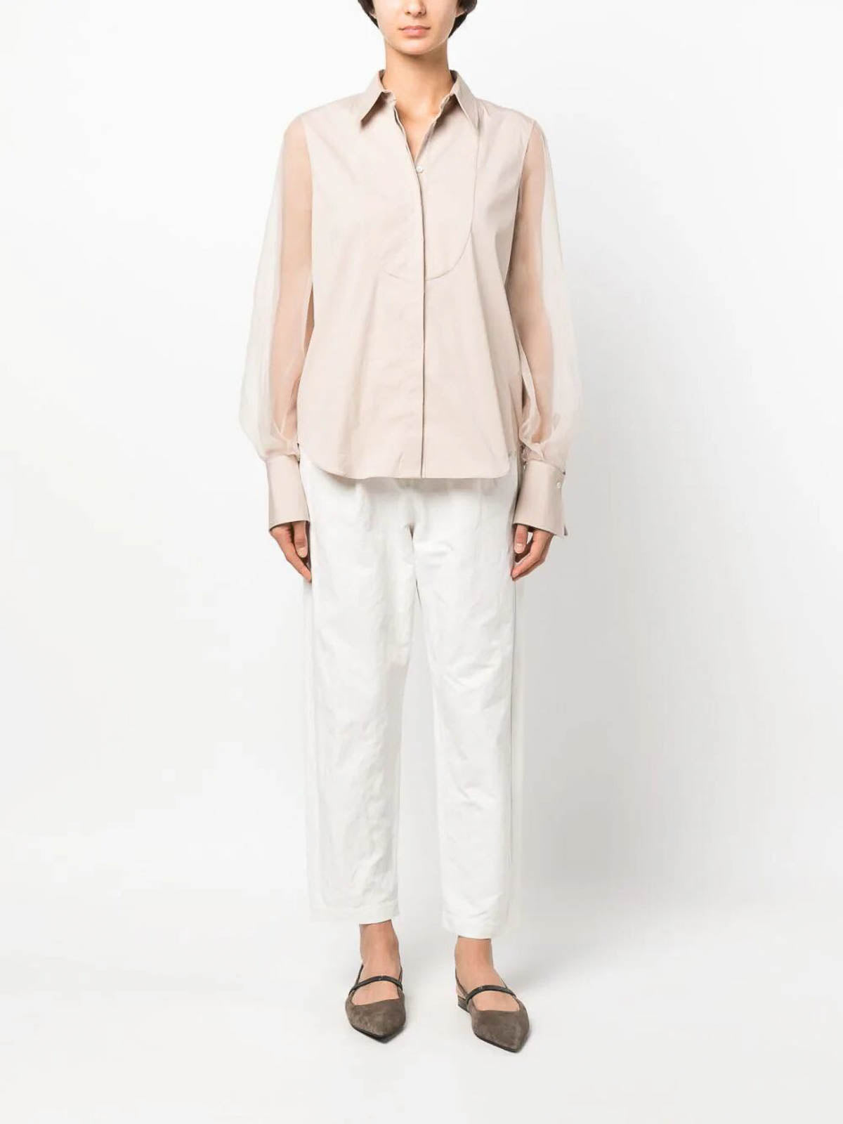 BRUNELLO CUCINELLI WOMEN'S SHEER SLEEVE PINK BEIGE BLOUSE