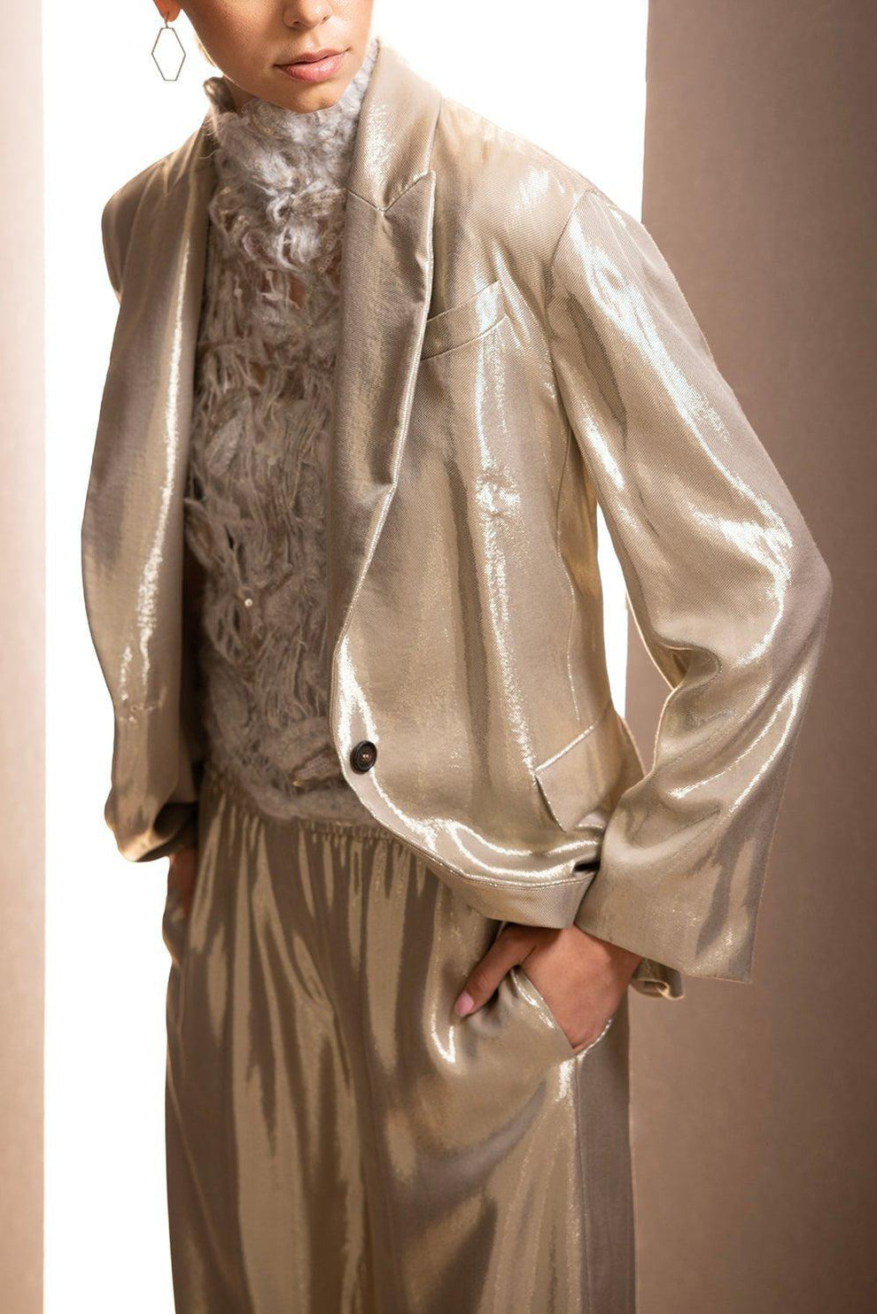 BRUNELLO CUCINELLI WOMEN'S SHINY GOLD WIDE TROUSERS