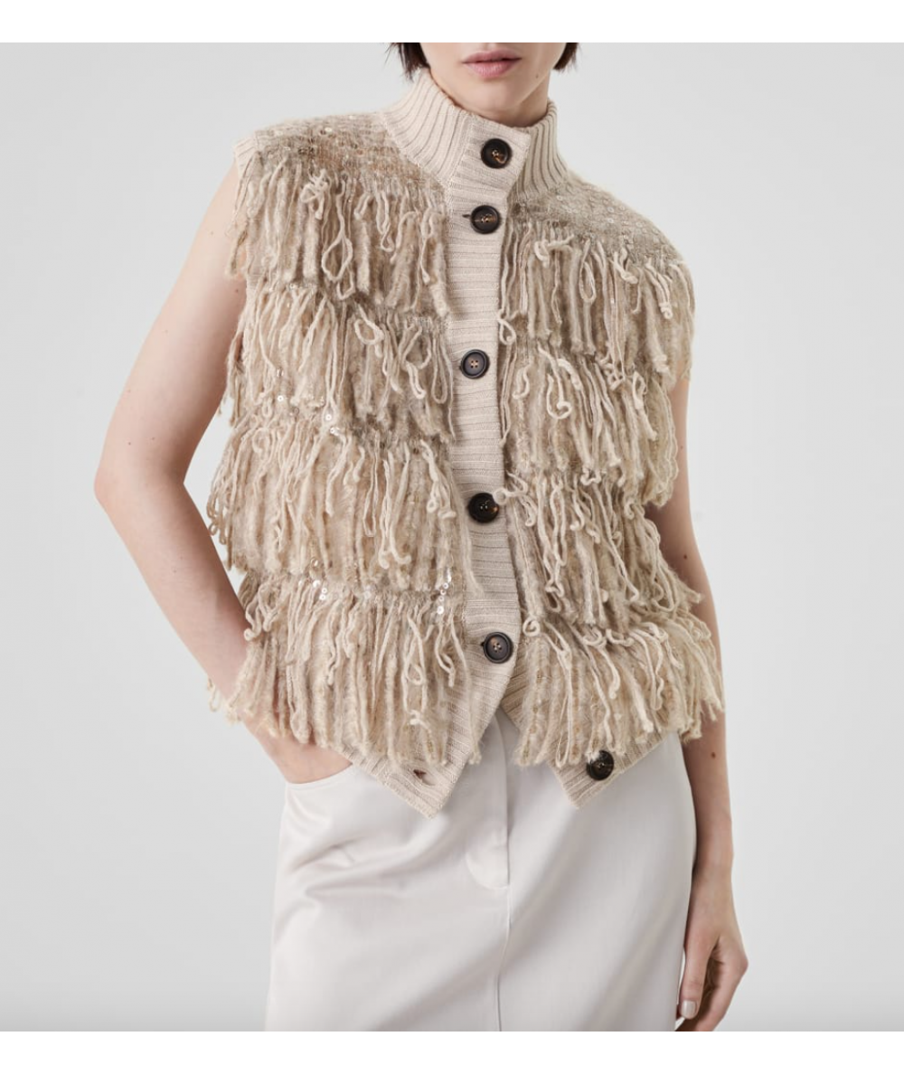 BRUNELLO CUCINELLI WOMEN'S BEIGE WOOL FRINGE SWEATER