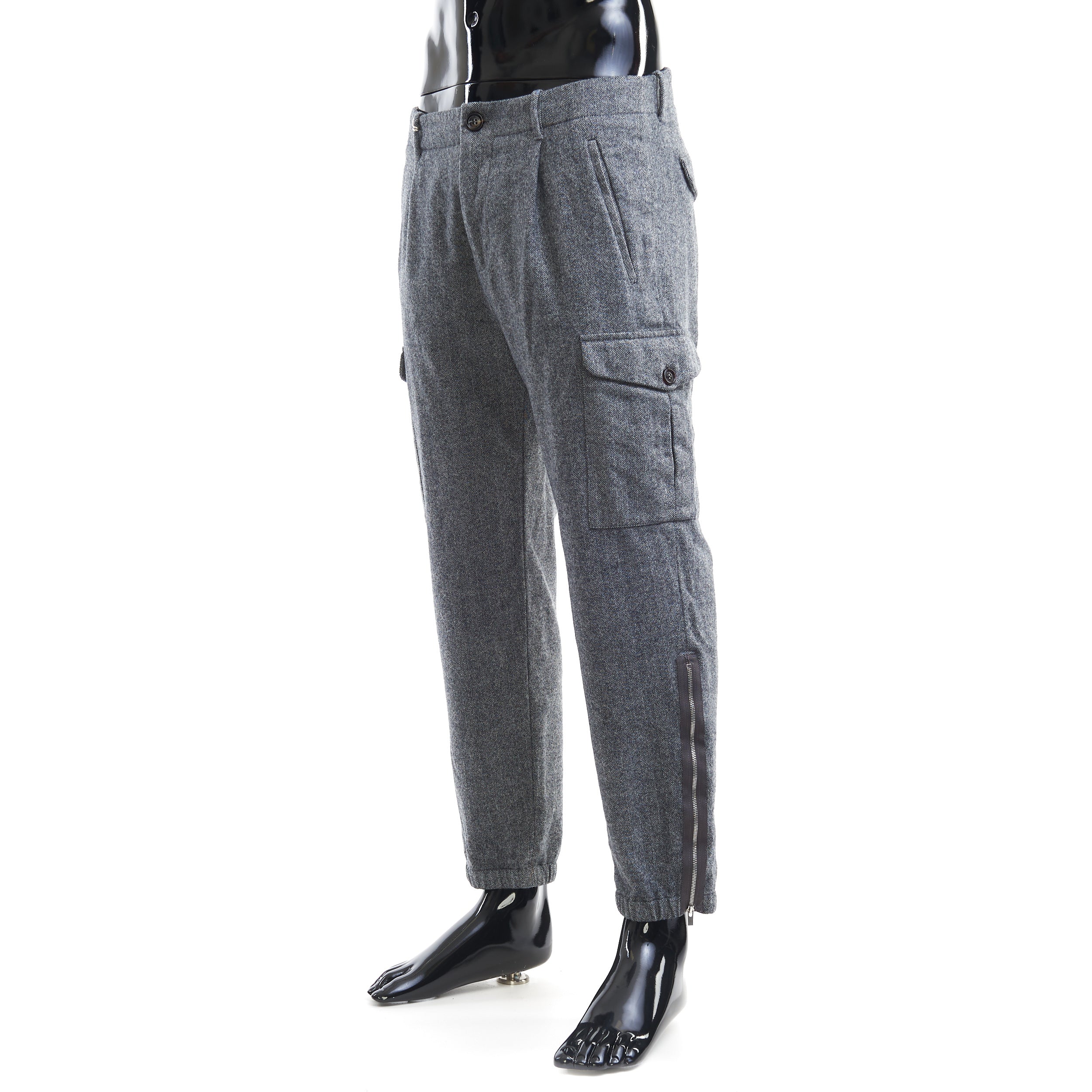 BRUNELLO CUCINELLI MEN'S GREY WOOL CARGO TROUSERS