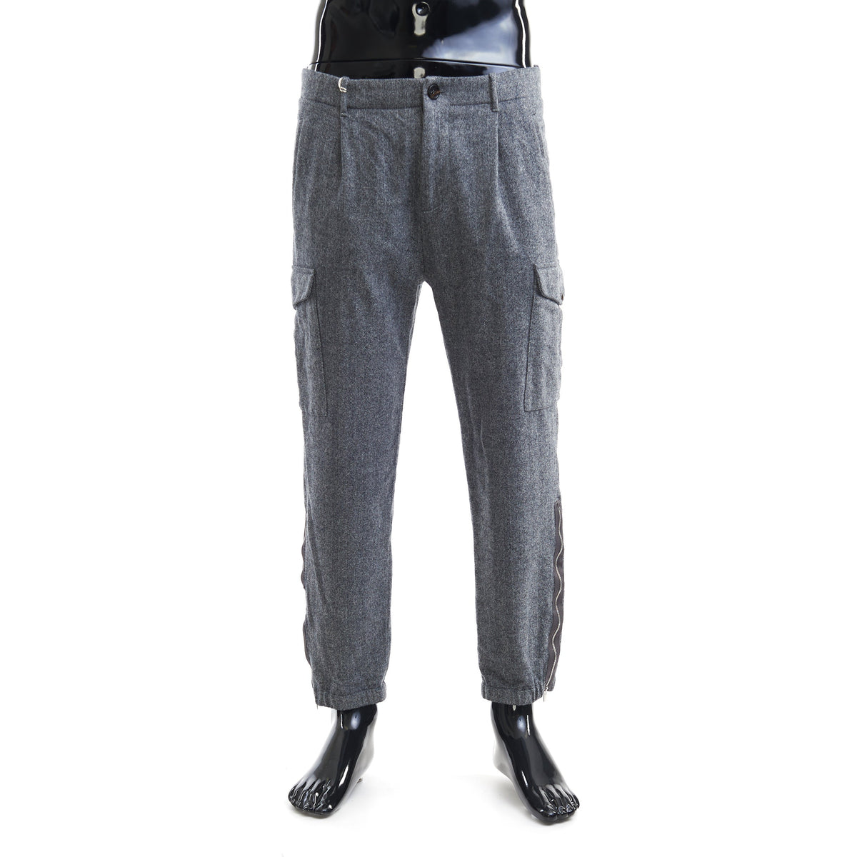 BRUNELLO CUCINELLI MEN'S GREY WOOL CARGO TROUSERS