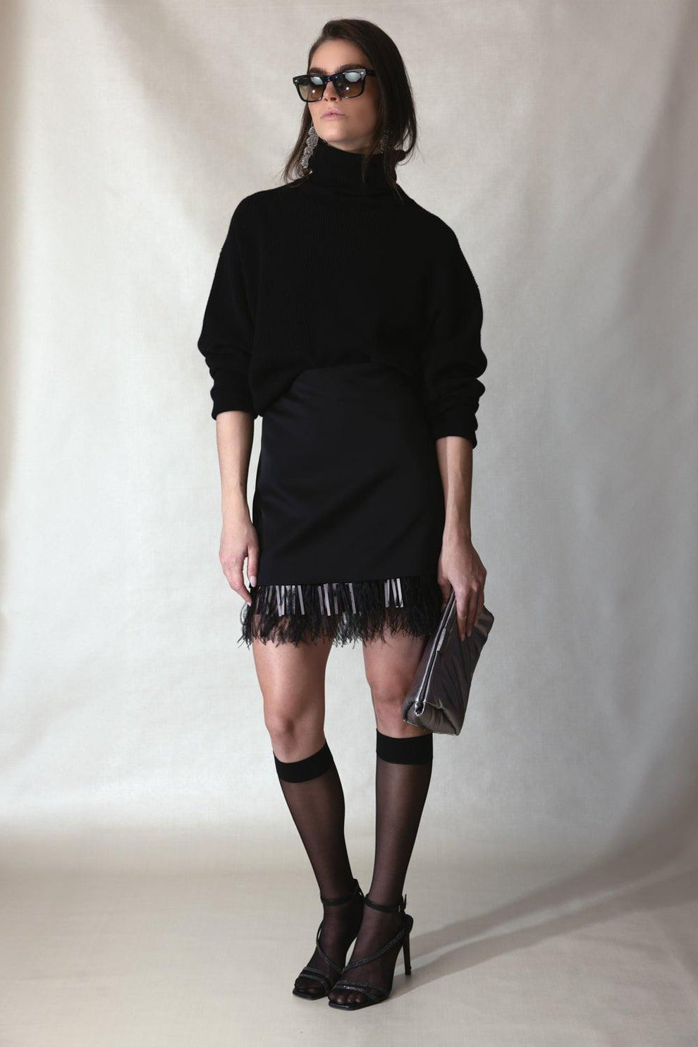 BRUNELLO CUCINELLI WOMEN'S BLACK FEATHER TRIM SKIRT