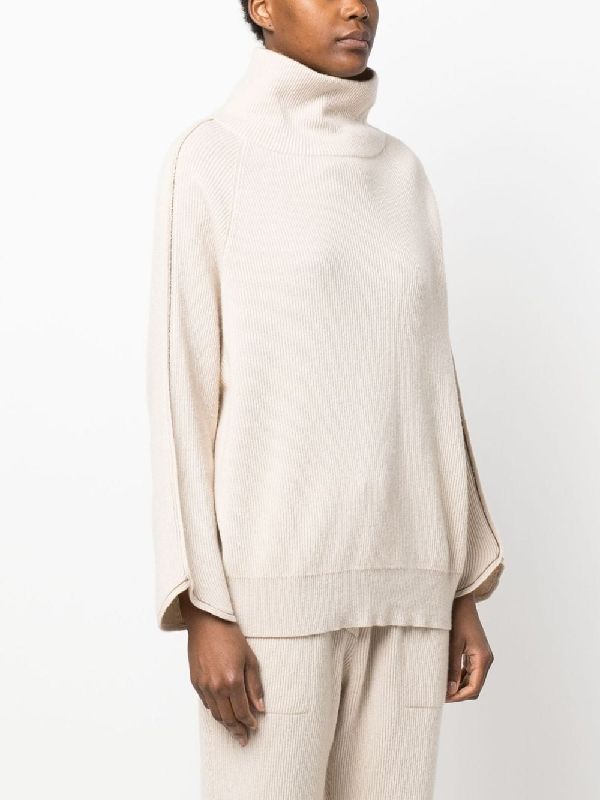 BRUNELLO CUCINELLI WOMEN'S BEIGE WOOL RIBBED SWEATER