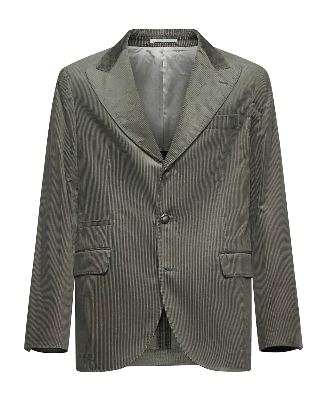 BRUNELLO CUCINELLI MEN'S OLIVE COTTON PINSTRIPE BLAZER