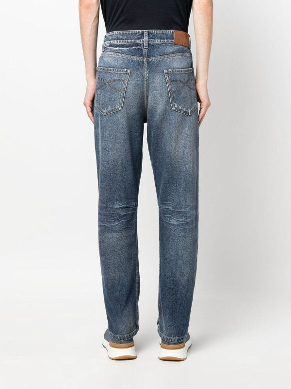 BRUNELLO CUCINELLI MEN'S MEDIUM BLUE DISTRESSED JEANS