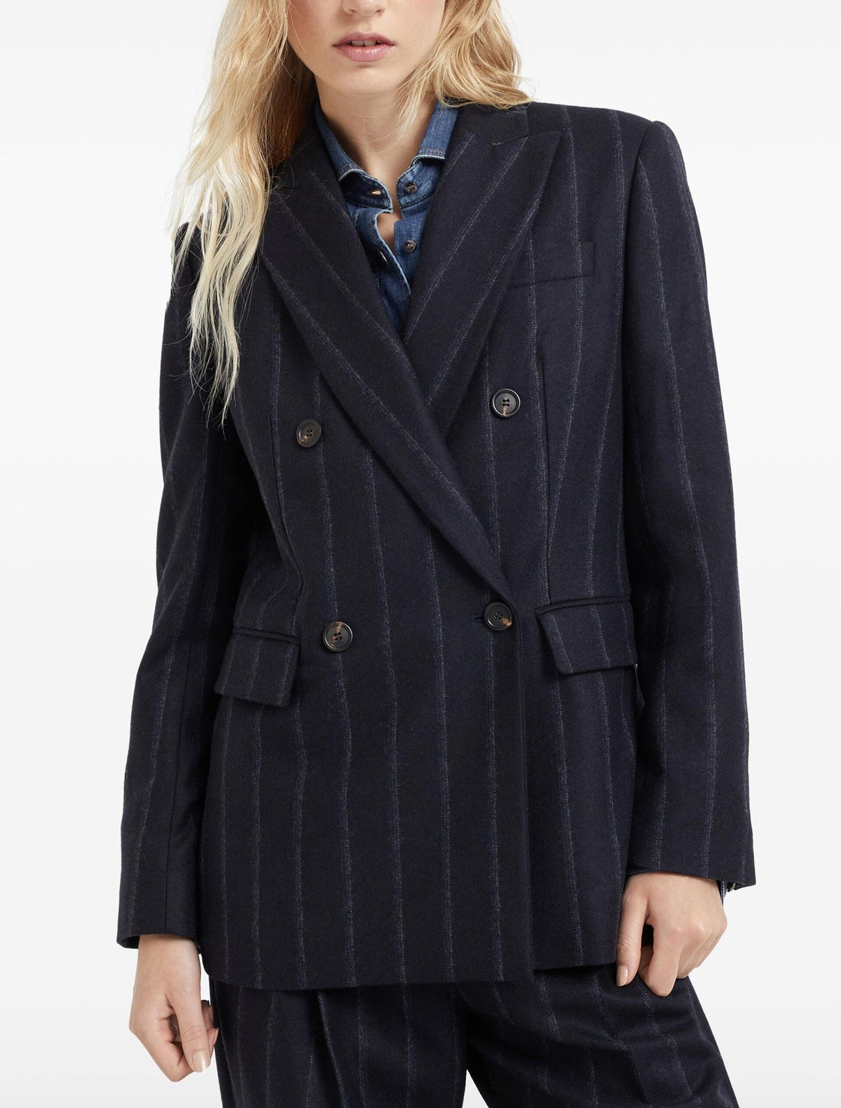 BRUNELLO CUCINELLI WOMEN'S DARK BLUE WOOL DOUBLE BREASTED JACKET
