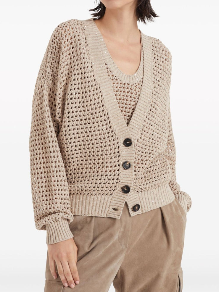 BRUNELLO CUCINELLI WOMEN'S LIGHT CAMEL OPEN KNIT SWEATER