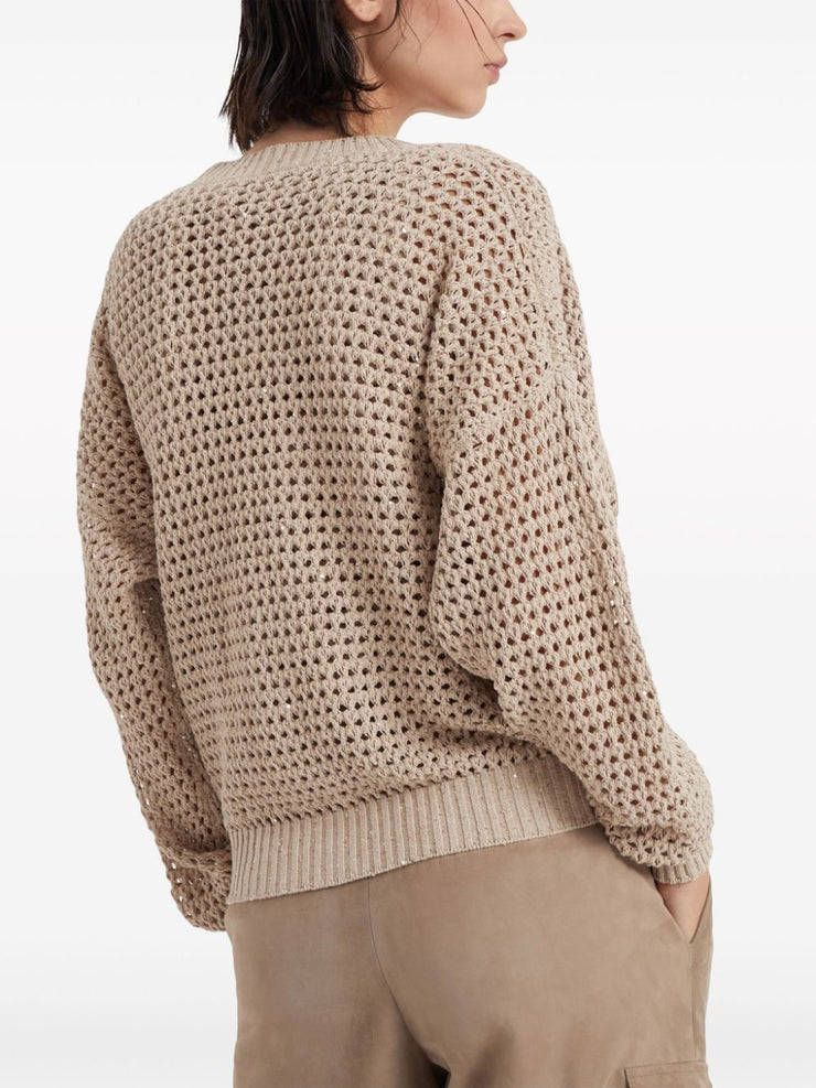 BRUNELLO CUCINELLI WOMEN'S LIGHT CAMEL OPEN KNIT SWEATER