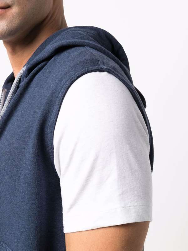 BRUNELLO CUCINELLI MEN'S BLUE SLEEVELESS ZIP HOODIE