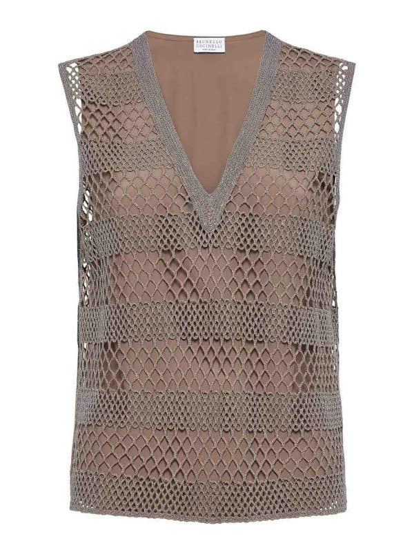 BRUNELLO CUCINELLI WOMEN'S RUTHENIUM SILK MESH SLEEVELESS TOP