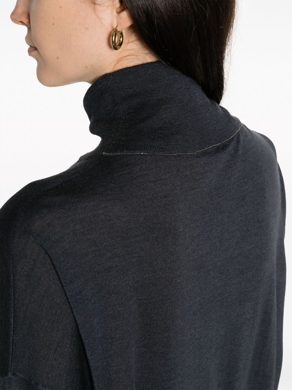 BRUNELLO CUCINELLI WOMEN'S DARK WOOL SILK MOCK NECK SHIRT