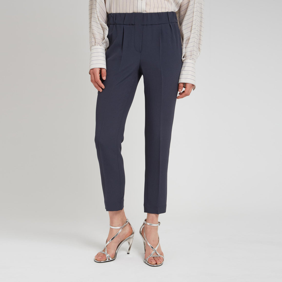 BRUNELLO CUCINELLI WOMEN'S NAVY SILK TAILORED TROUSERS