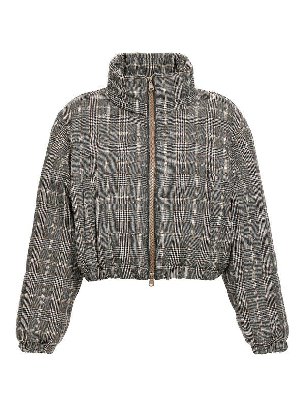 BRUNELLO CUCINELLI WOMEN'S BEIGE BLACK BROWN CHECKED WOOL BLEND JACKET