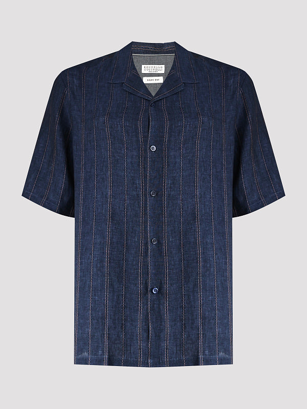 BRUNELLO CUCINELLI MEN'S NAVY STRIPED SHORT-SLEEVE SHIRT
