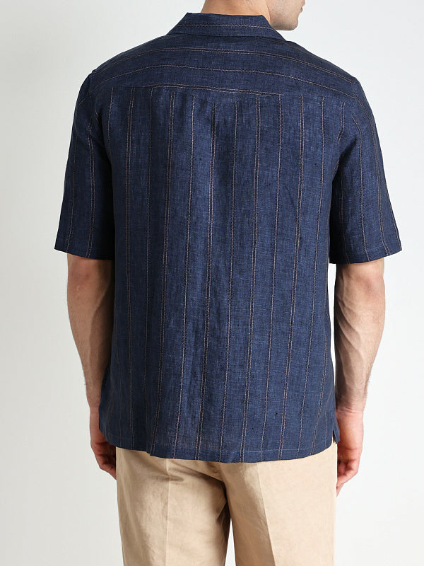 BRUNELLO CUCINELLI MEN'S NAVY STRIPED SHORT-SLEEVE SHIRT