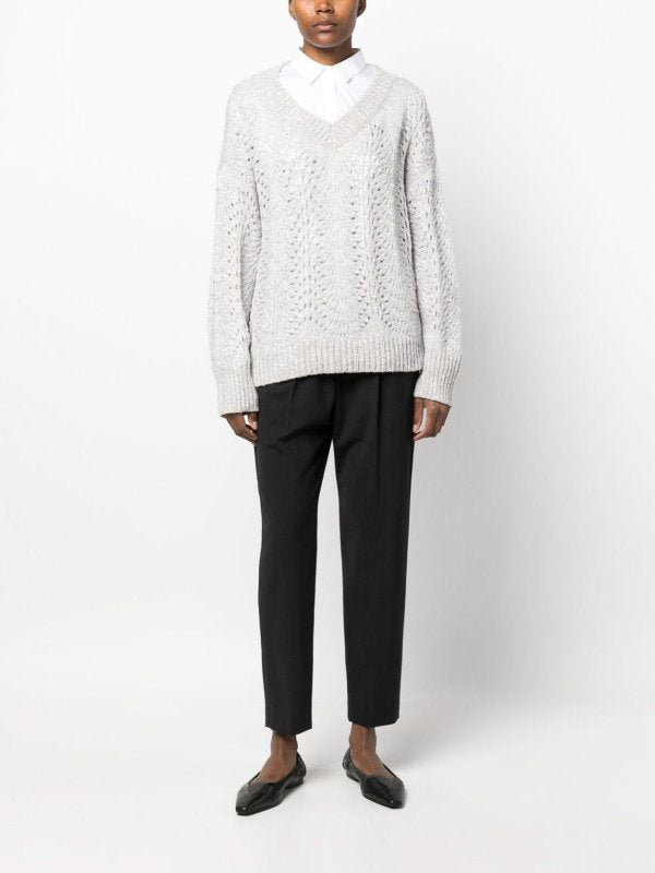 BRUNELLO CUCINELLI WOMEN'S BLACK WOOL TAPERED TROUSERS