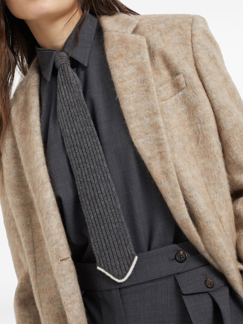 BRUNELLO CUCINELLI WOMEN'S CHARCOAL RIBBED KNIT TIE
