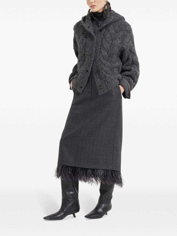 BRUNELLO CUCINELLI WOMEN'S ANTHRACITE WOOL SKIRT WITH FEATHER TRIM