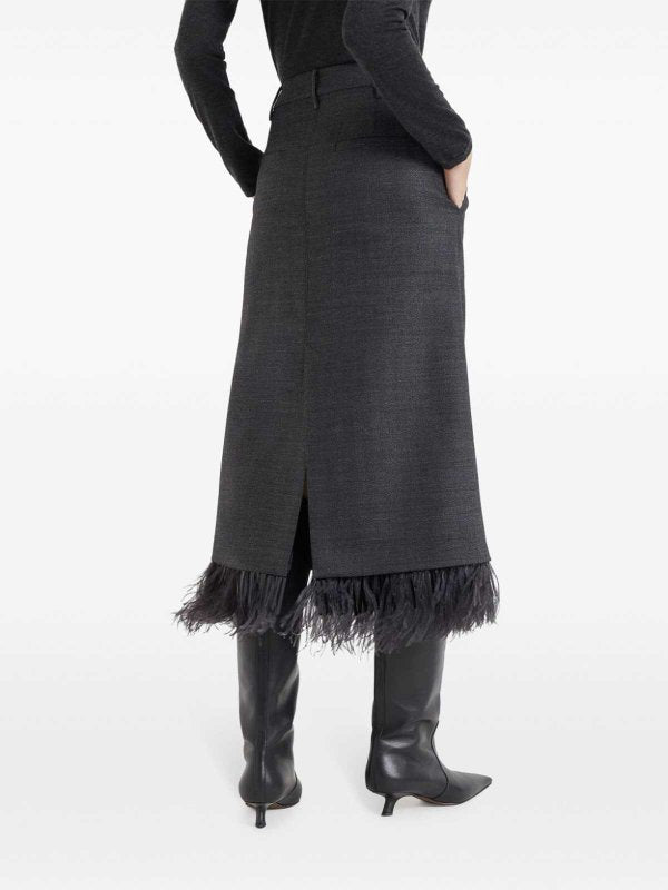 BRUNELLO CUCINELLI WOMEN'S ANTHRACITE WOOL SKIRT WITH FEATHER TRIM