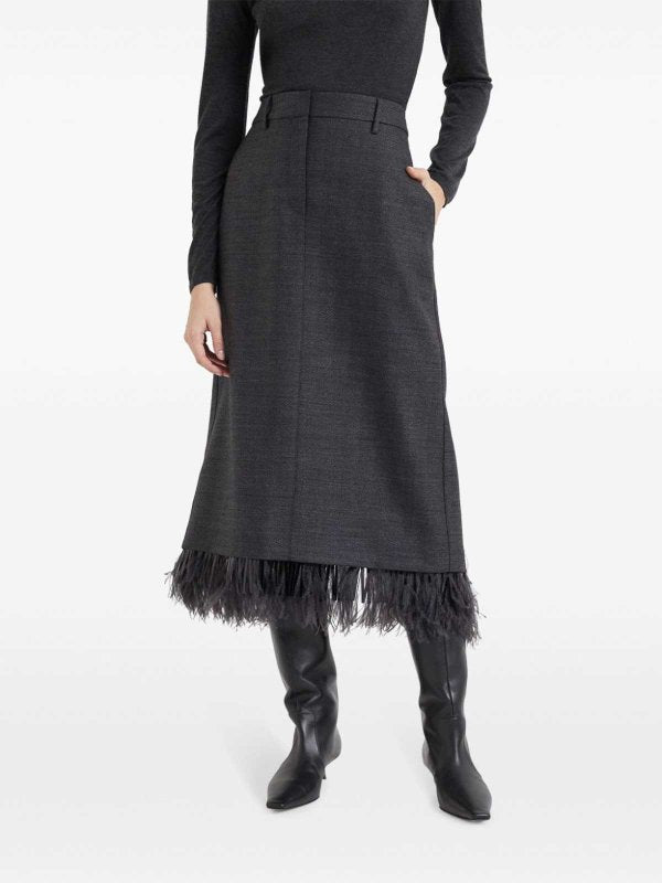BRUNELLO CUCINELLI WOMEN'S ANTHRACITE WOOL SKIRT WITH FEATHER TRIM
