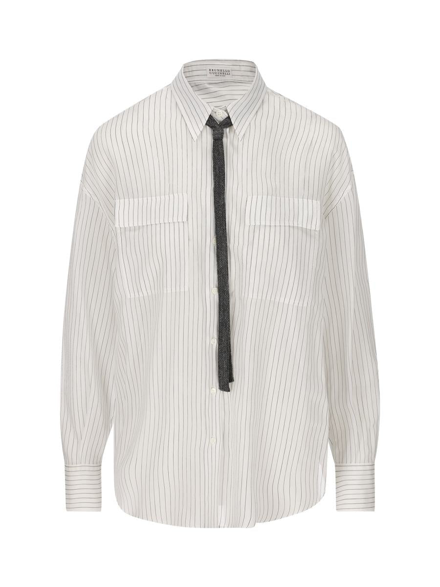 BRUNELLO CUCINELLI WOMEN'S WHITE PINSTRIPE BUTTON-UP SHIRT
