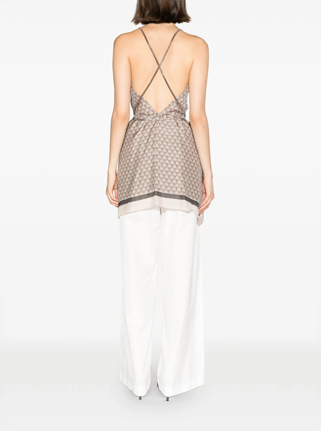 BRUNELLO CUCINELLI WOMEN'S BEIGE PATTERNED SILK CAMISOLE TOP