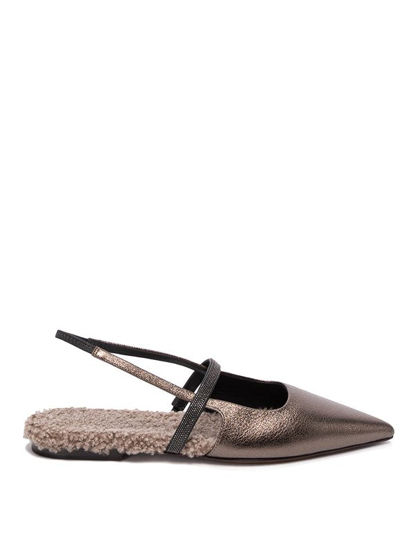 BRUNELLO CUCINELLI WOMEN'S BRONZE LEATHER POINTED TOE SLINGBACK SHOE