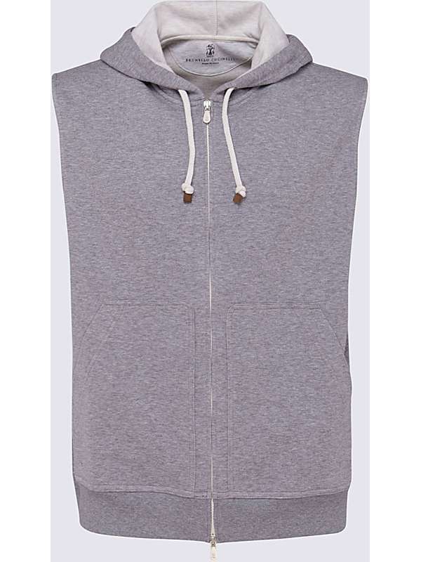 BRUNELLO CUCINELLI MEN'S MEDIUM GREY SLEEVELESS ZIP HOODIE