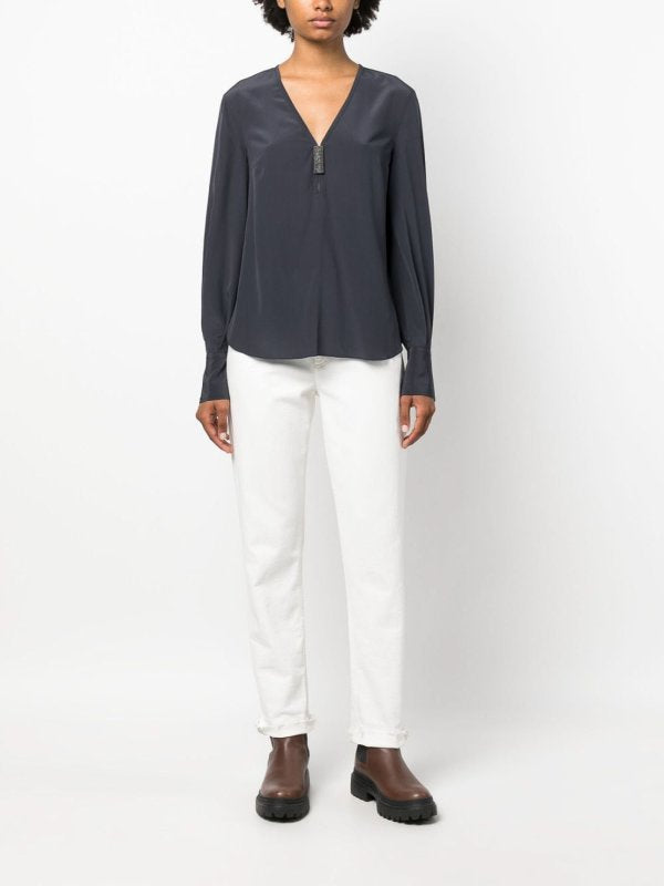 BRUNELLO CUCINELLI WOMEN'S DARK BLUE SILK SHIRT