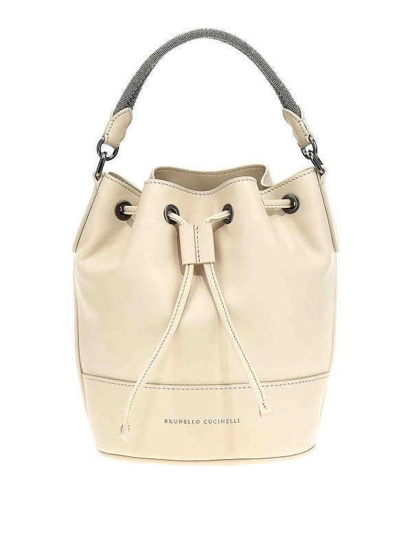 BRUNELLO CUCINELLI WOMEN'S CREAM LEATHER DRAWSTRING BUCKET BAG