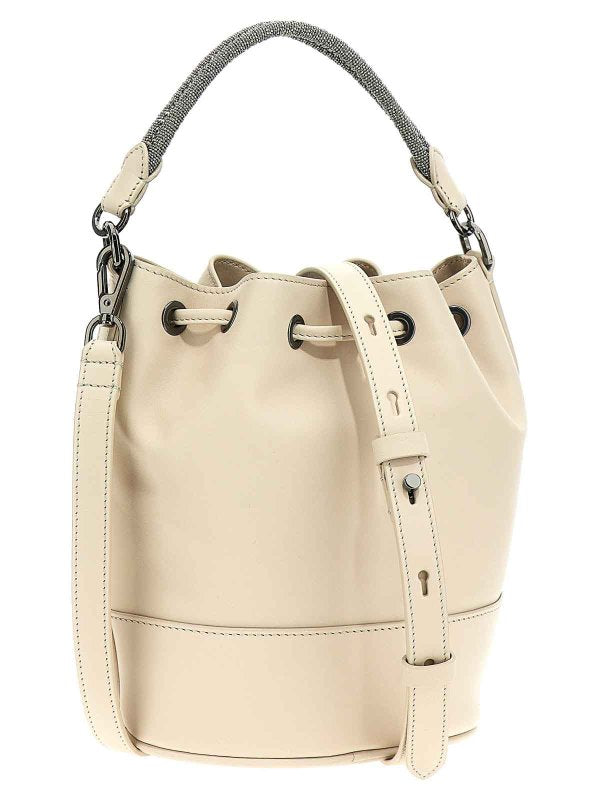BRUNELLO CUCINELLI WOMEN'S CREAM LEATHER DRAWSTRING BUCKET BAG