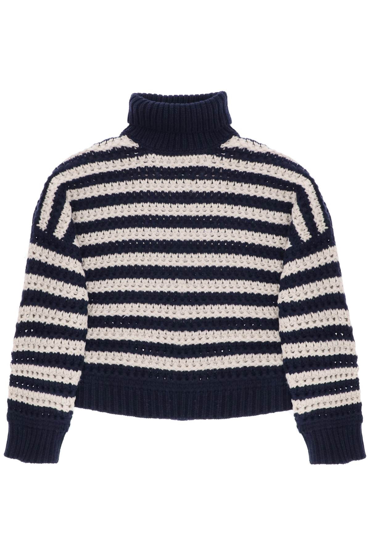 BRUNELLO CUCINELLI WOMEN'S NAVY STRIPED TURTLENECK KNIT SWEATER
