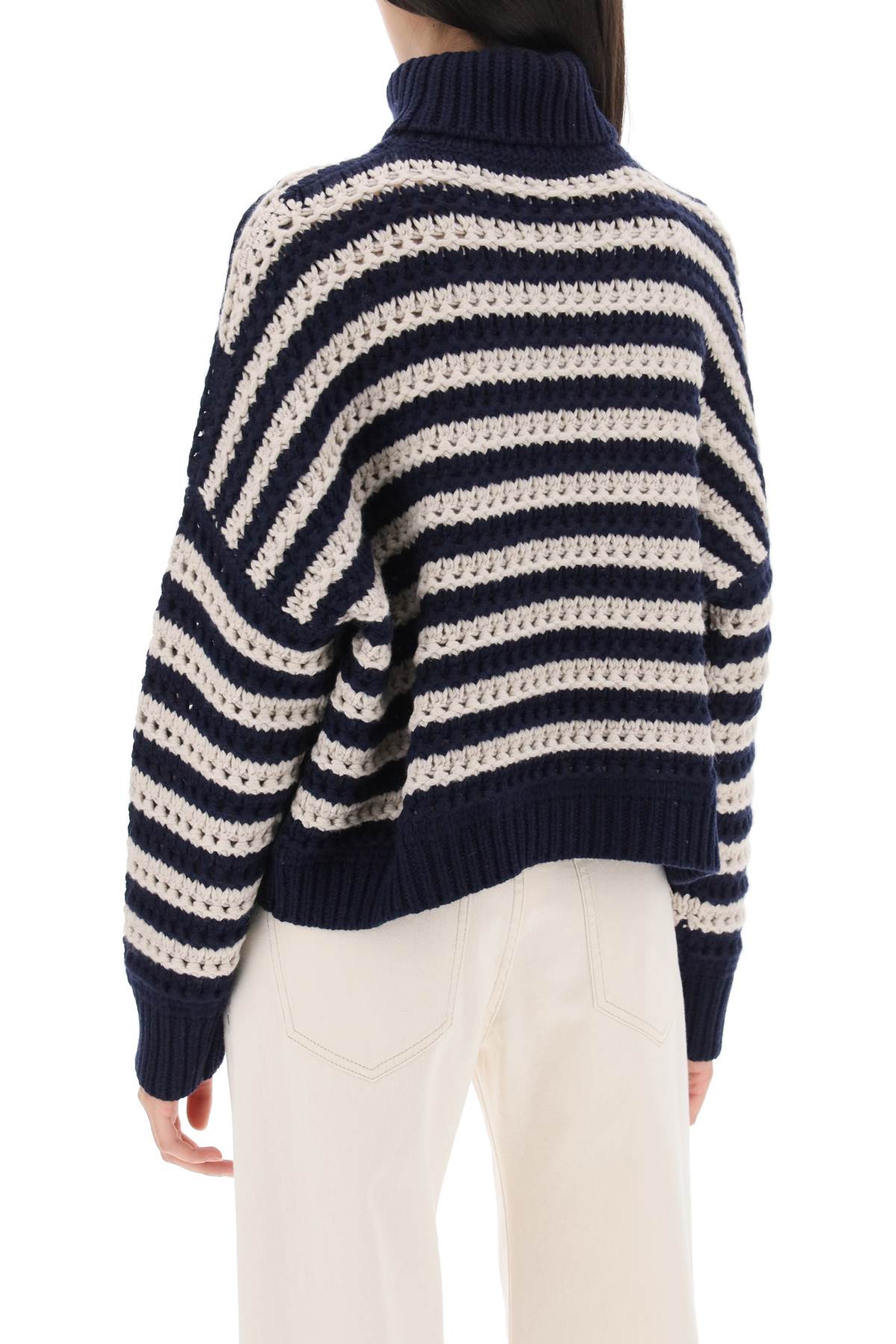 BRUNELLO CUCINELLI WOMEN'S NAVY STRIPED TURTLENECK KNIT SWEATER