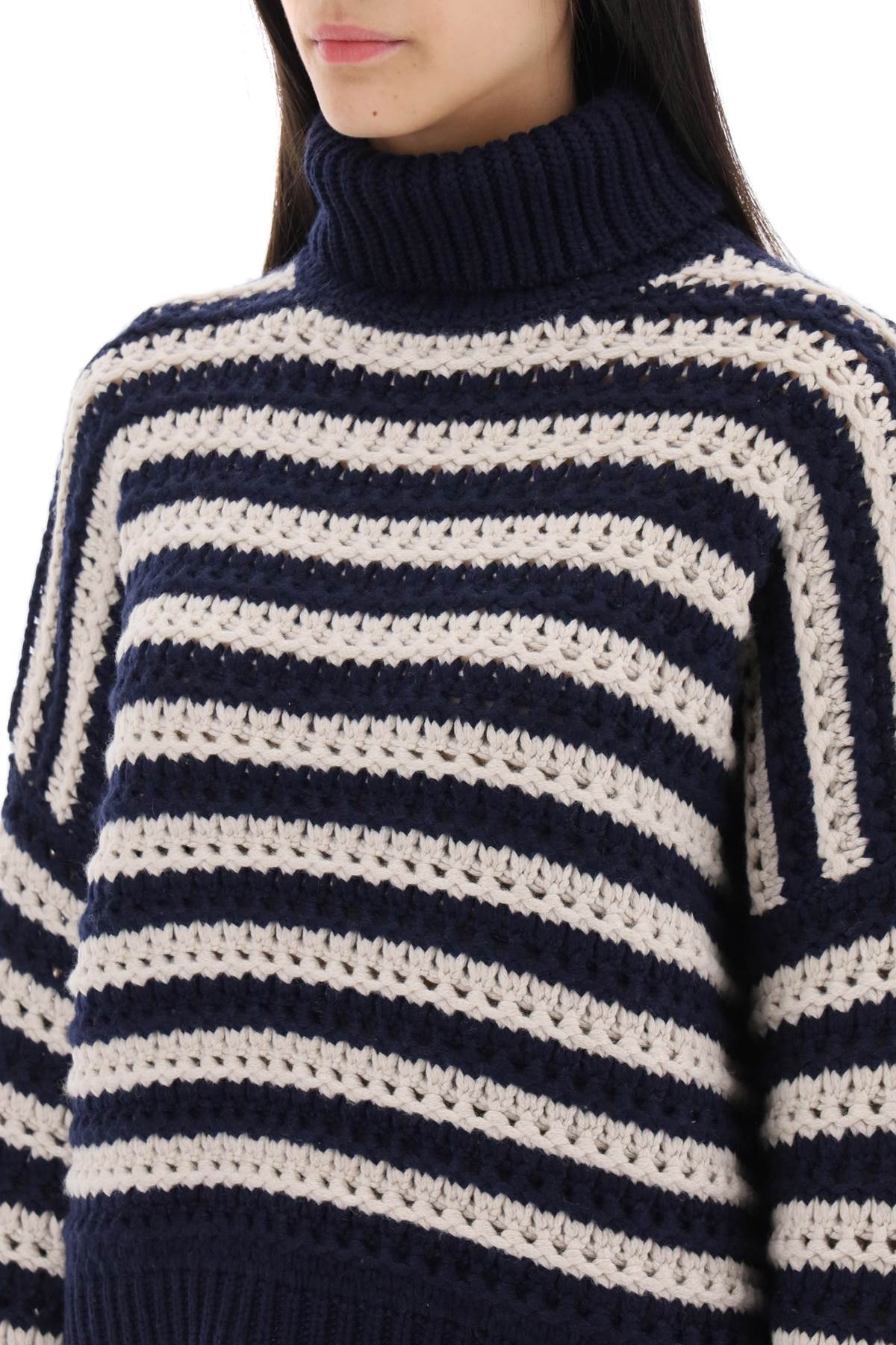 BRUNELLO CUCINELLI WOMEN'S NAVY STRIPED TURTLENECK KNIT SWEATER